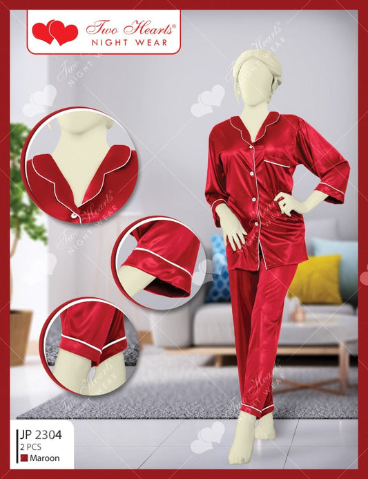 2 Piece Collar Neck Silk Lounge Wear